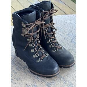 Sorel Conquest Waterproof Wedge Boots Leather Women's Black- Dark Gray size 8.5